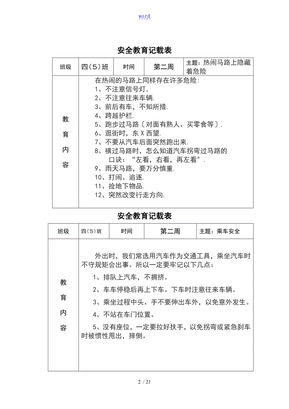 中心小学班级安全系统教育记载表_第2页