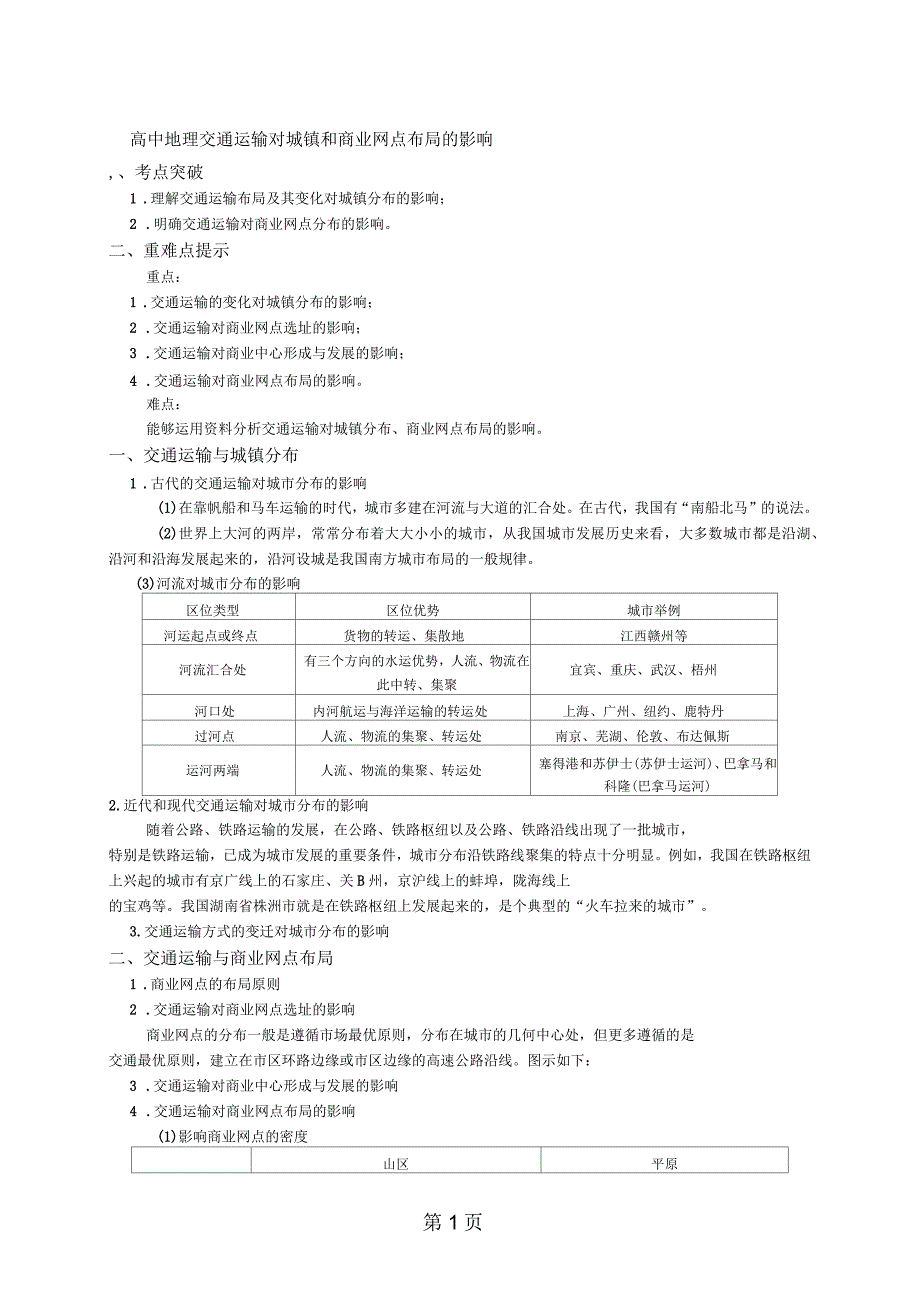 必修2第三章第四节交通运输布局及其对区域发展的影响2交通运输对城镇和商业网点布局的影响(讲义)_第1页