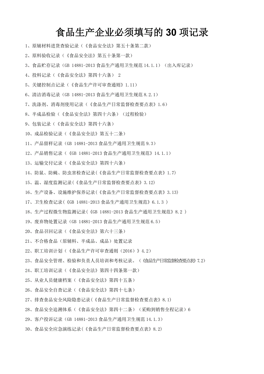 食品生产企业必须填写的30项生产相关记录.doc_第1页