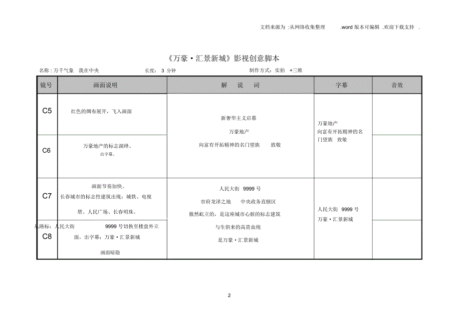 万豪_汇景新城影视创意分镜头脚本_第2页