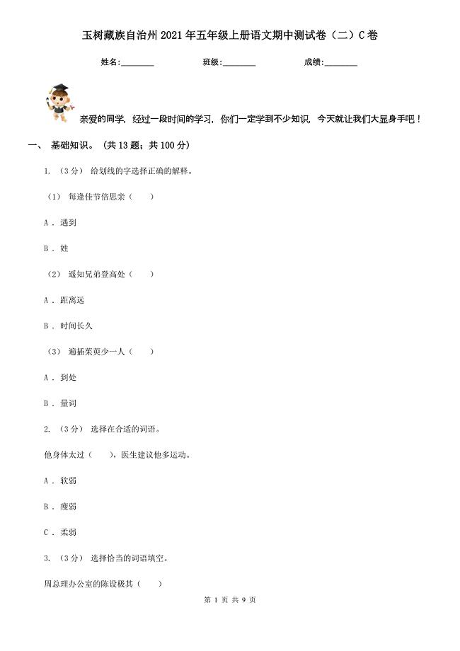 玉树藏族自治州2021年五年级上册语文期中测试卷（二）C卷