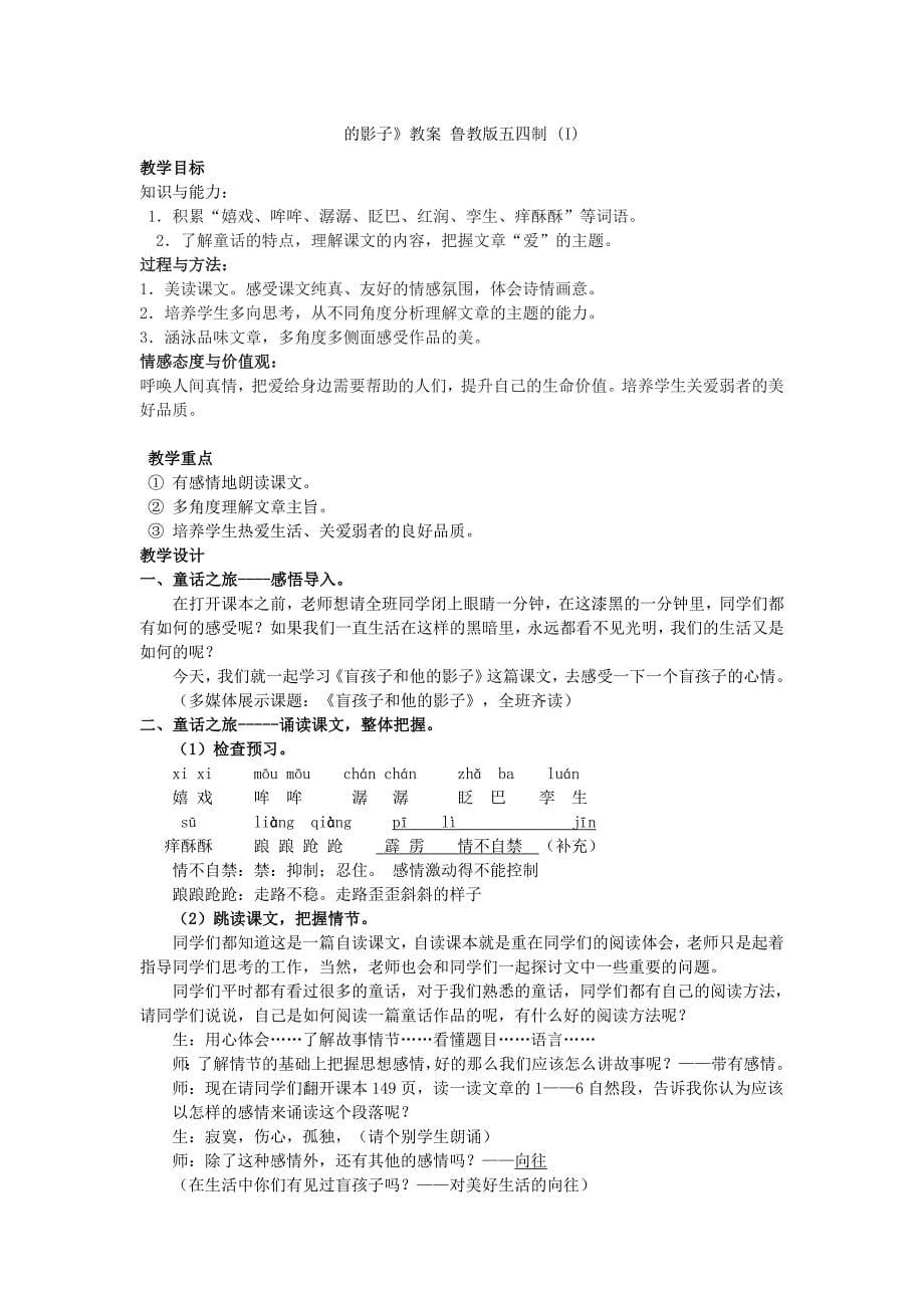 六年级语文上册 第五单元 28《盲孩子和他的影子》导学案 鲁教版五四制_第5页