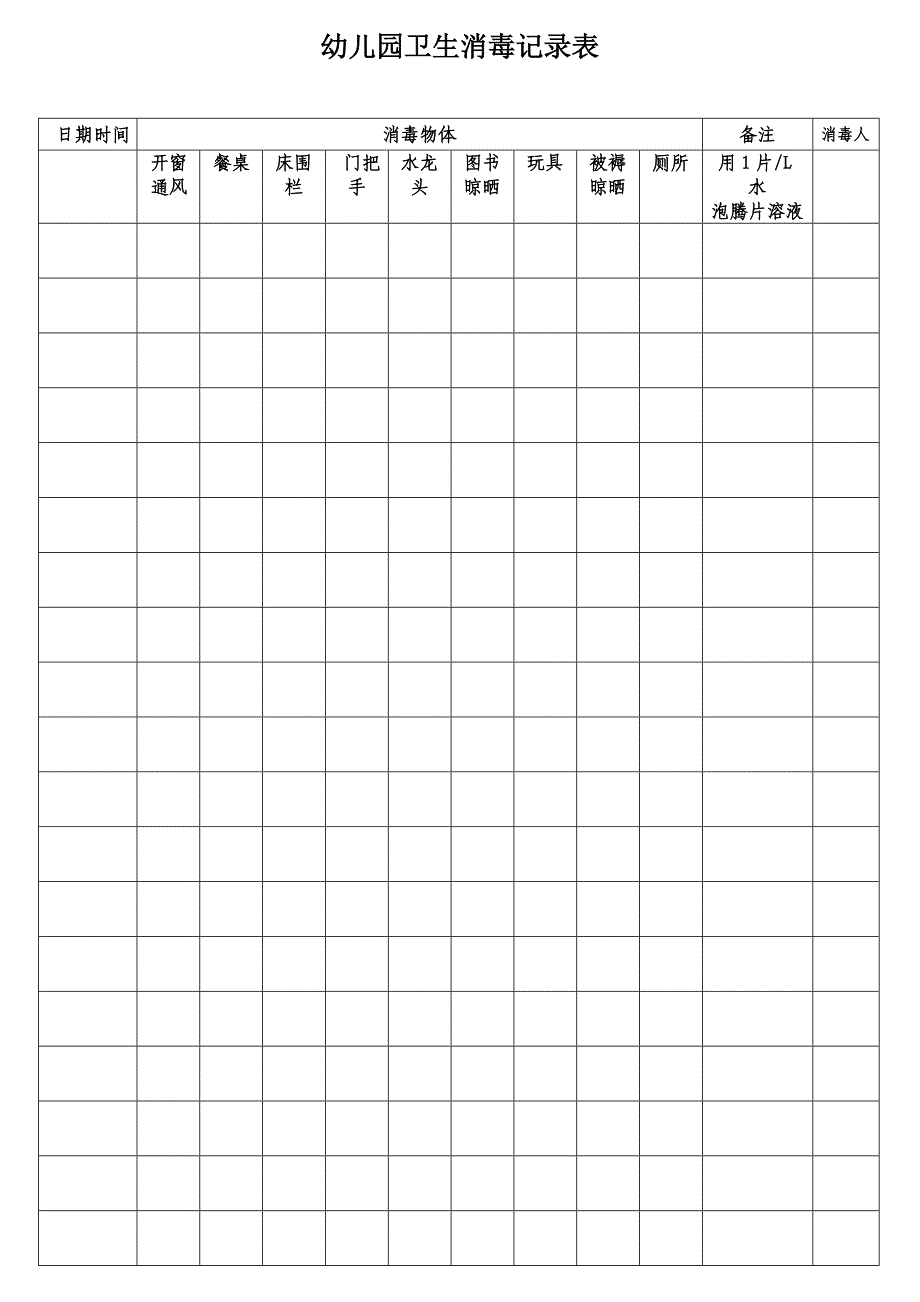 幼儿园卫生消毒记录表_第1页