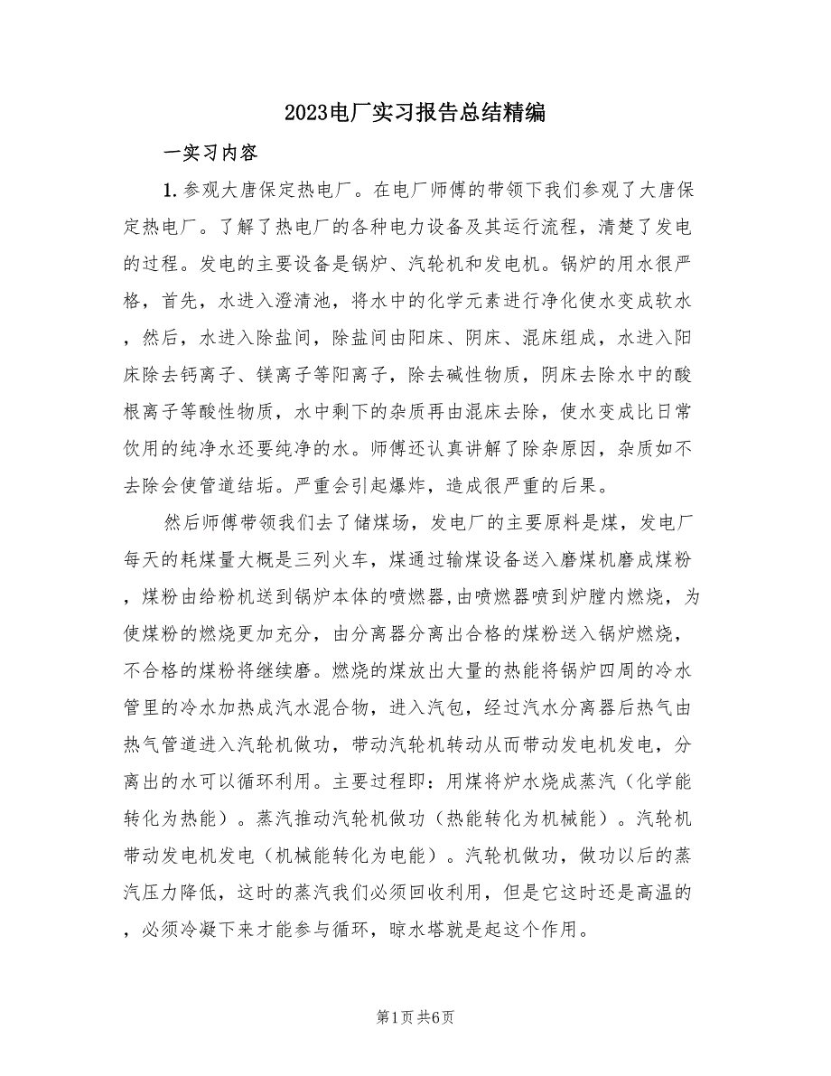 2023电厂实习报告总结精编（2篇）.doc_第1页