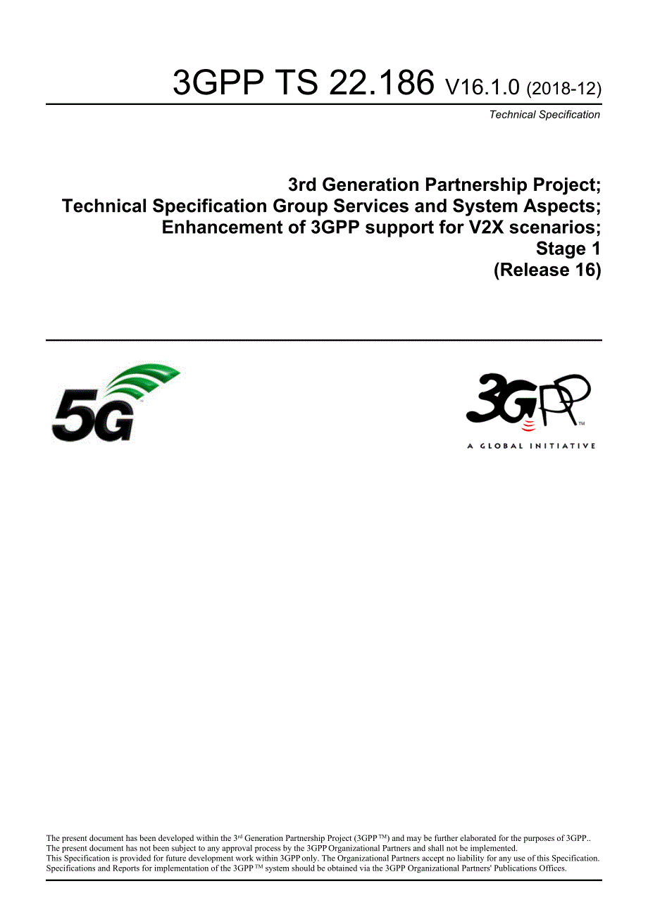 TS 22.186 V16.1.0 (2018-12) Enhancement of 3GPP support for V2X scenarios_第1页