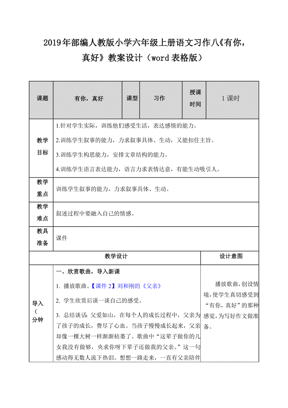 2019年部编人教版小学六年级上册语文习作八《有你真好》教案设计（word表格版）_第1页