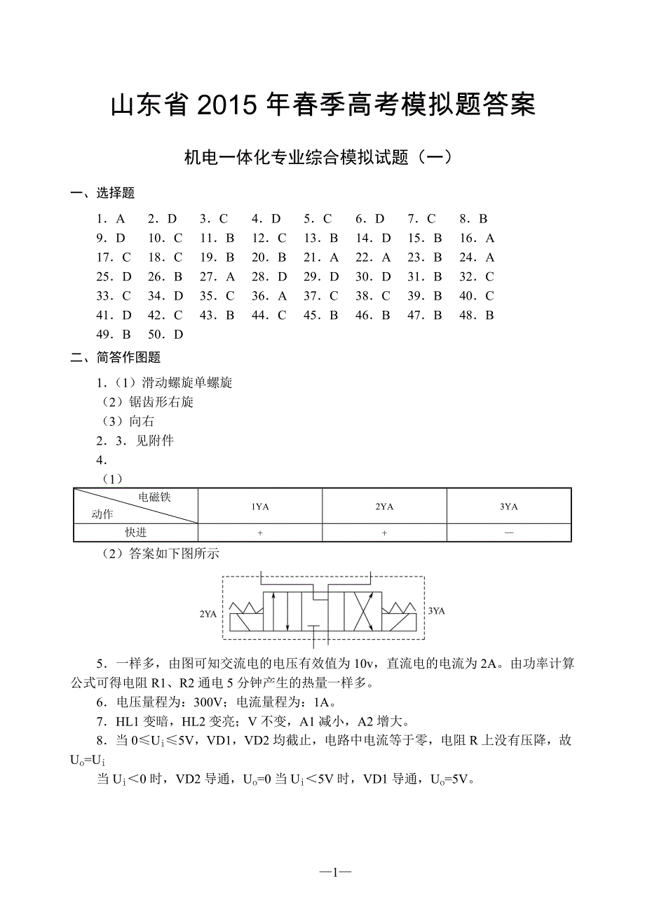 山东省2015年春季高考机电一体化专业综合模拟试题答案.doc_第1页