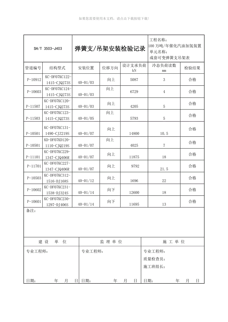 推荐3503J403弹簧支吊架安装检验记录_第1页