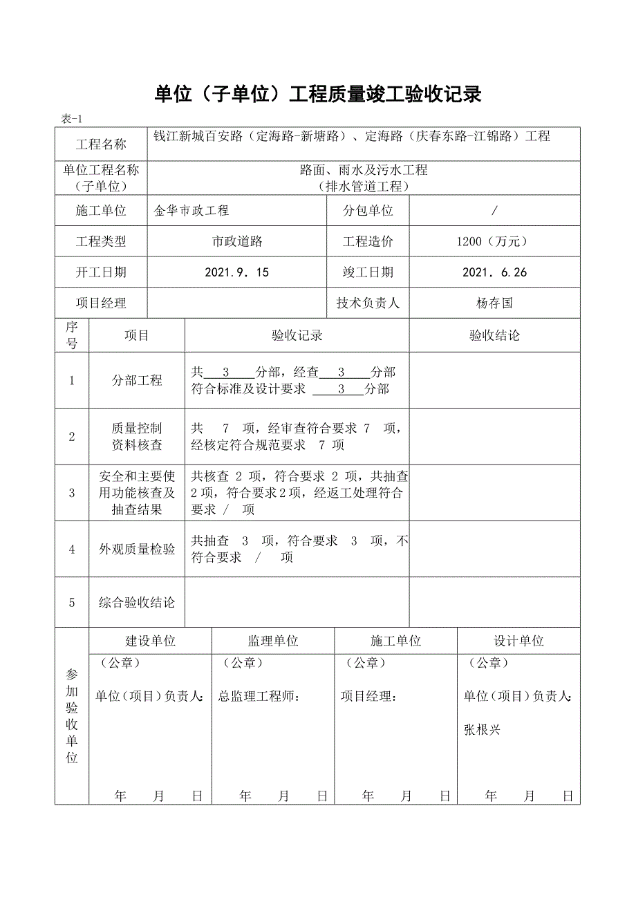 单位工程质量竣工验收记录市政工程优质资料_第2页