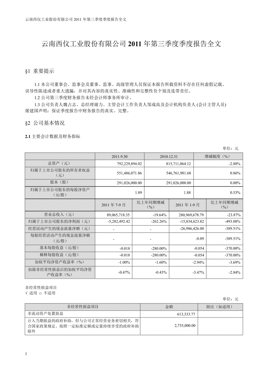 西仪股份：第三季度报告全文_第1页