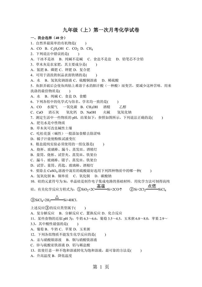 2023年上海市浦东新区高桥中学九年级上第一次月考化学试卷及.doc