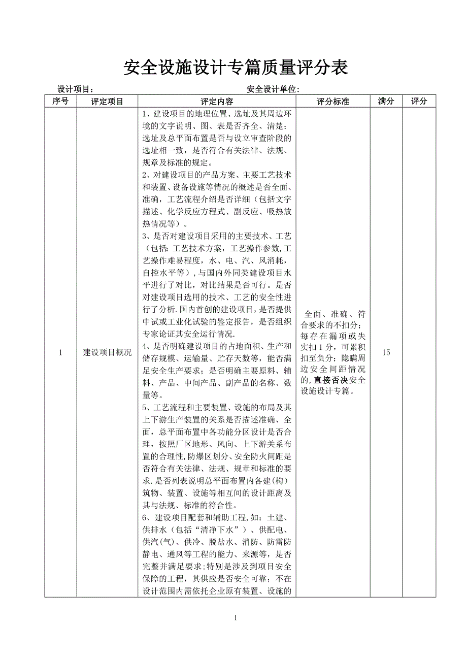 安全设施设计专篇和建设项目安全评价报告质量评分表_第1页