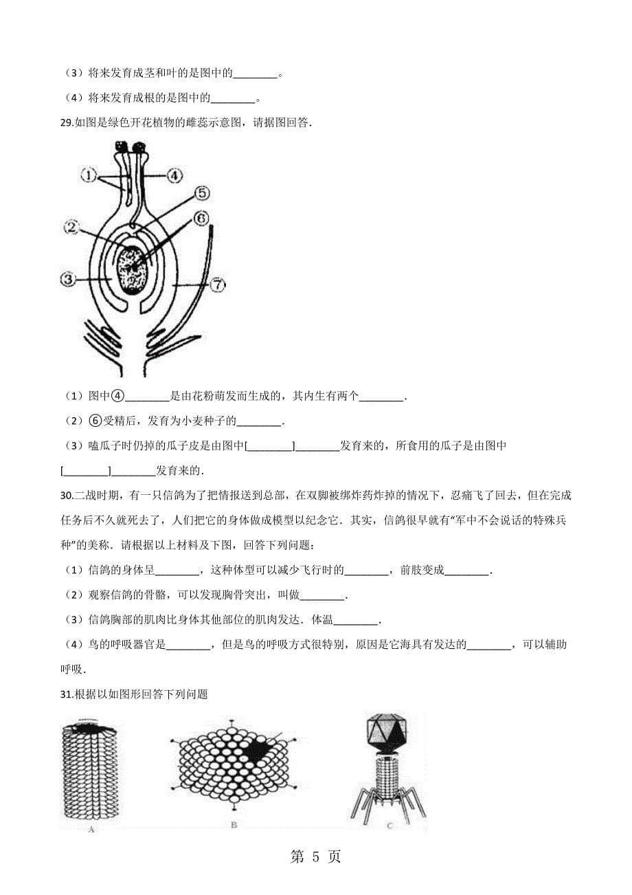 2023年学年第二学期沪教版八年级下册生物第四章生物的类群单元测试无答案.doc_第5页