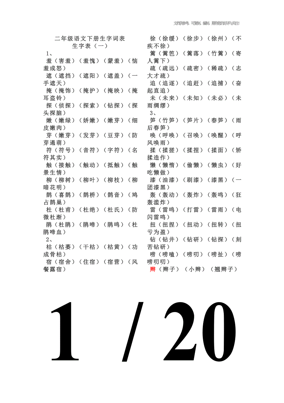 二年级语文下册生字词表组词_第1页