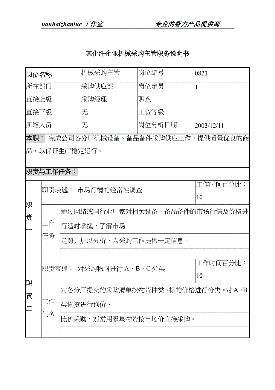 某化纤企业机械采购主管职务说明书euoq_第1页