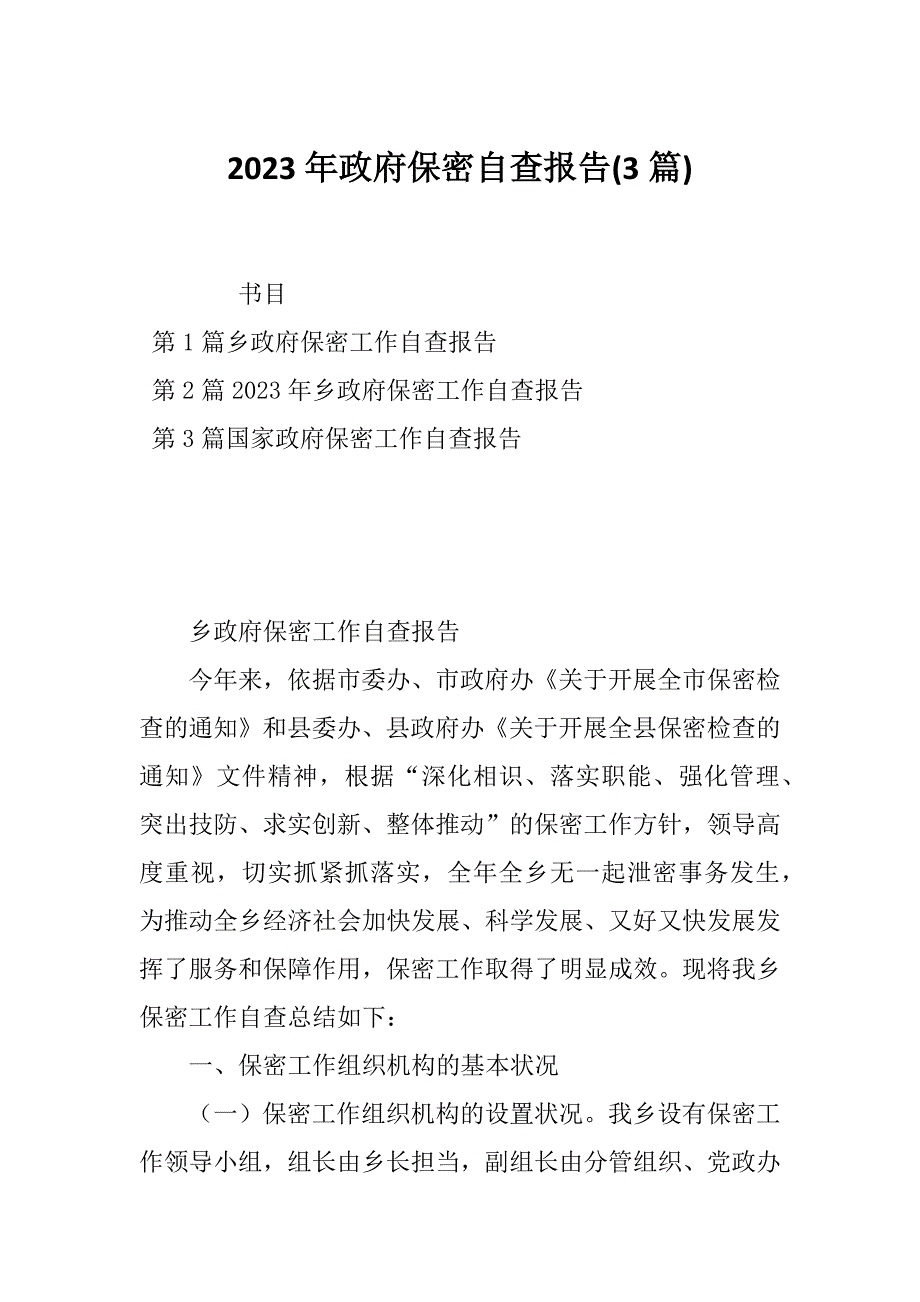 2023年政府保密自查报告(3篇)_第1页