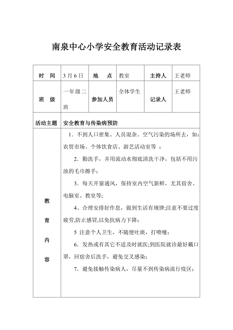 小学安全记录表_第1页