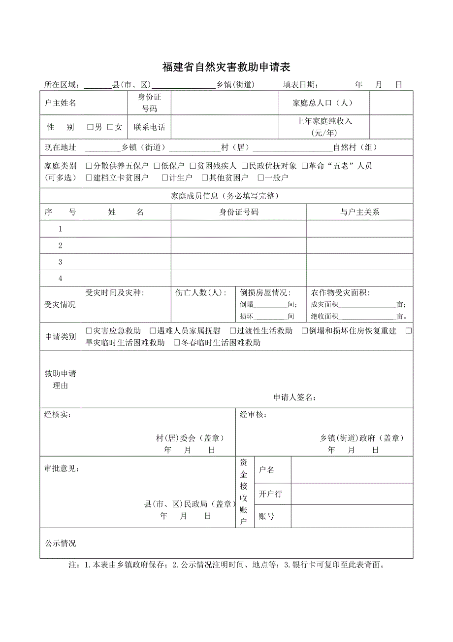 福建省自然灾害救助申请表_第1页