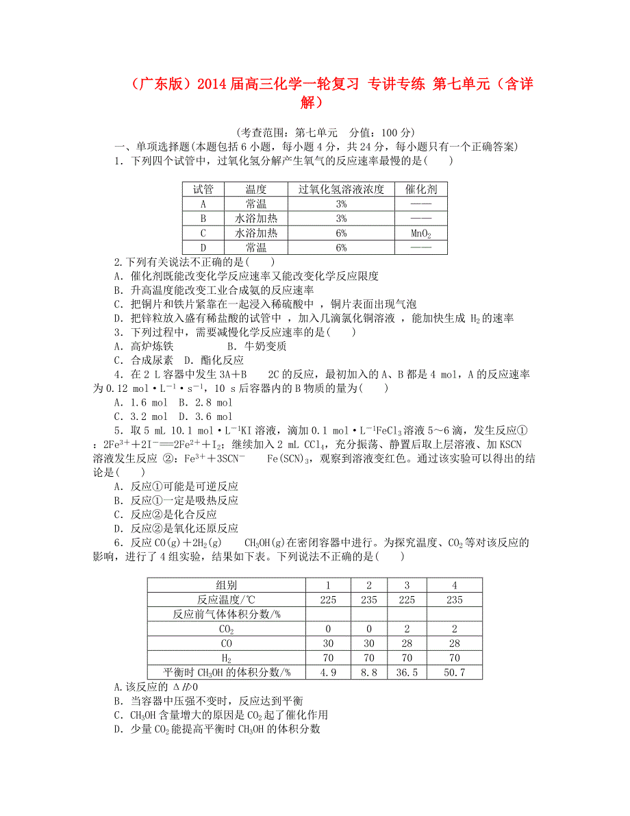 （广东版）2014届高三化学一轮复习 专讲专练 第七单元（含详解）_第1页