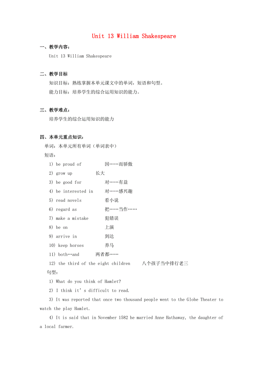 九年级英语 Unit 13 William Shakespeare知识精讲 北京课改版_第1页