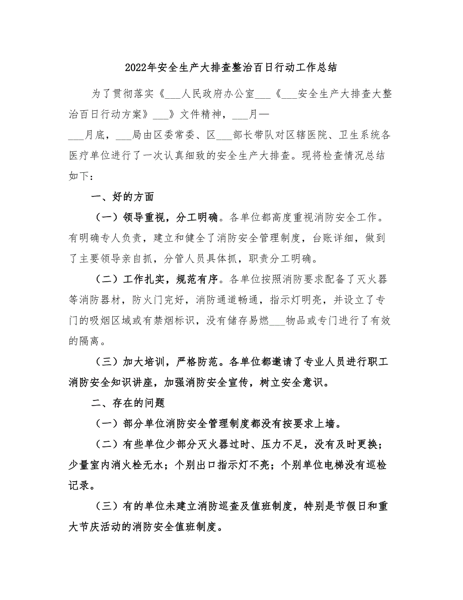 2022年安全生产大排查整治百日行动工作总结_第1页