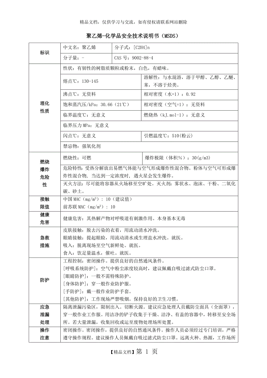 msds 聚乙烯_第1页