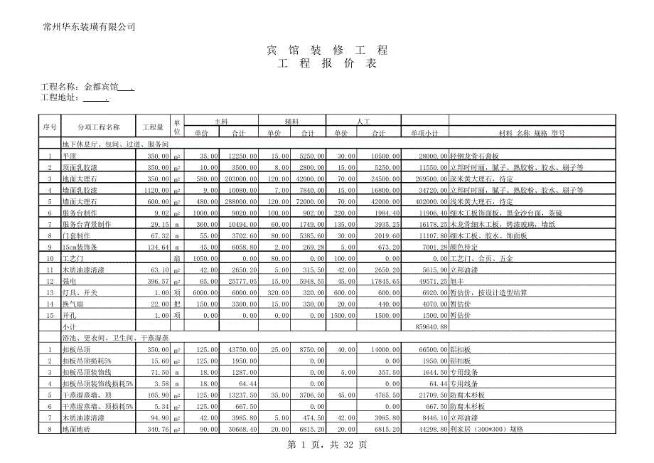 宾馆装修预算(标准模板)13580_第1页