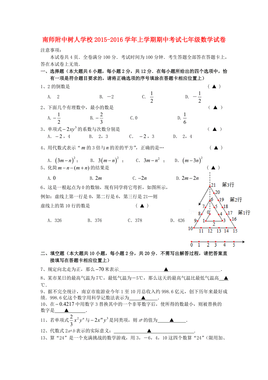 江苏省南师附中树人学校2015-2016学年七年级数学上学期期中试卷无答案苏科版_第1页