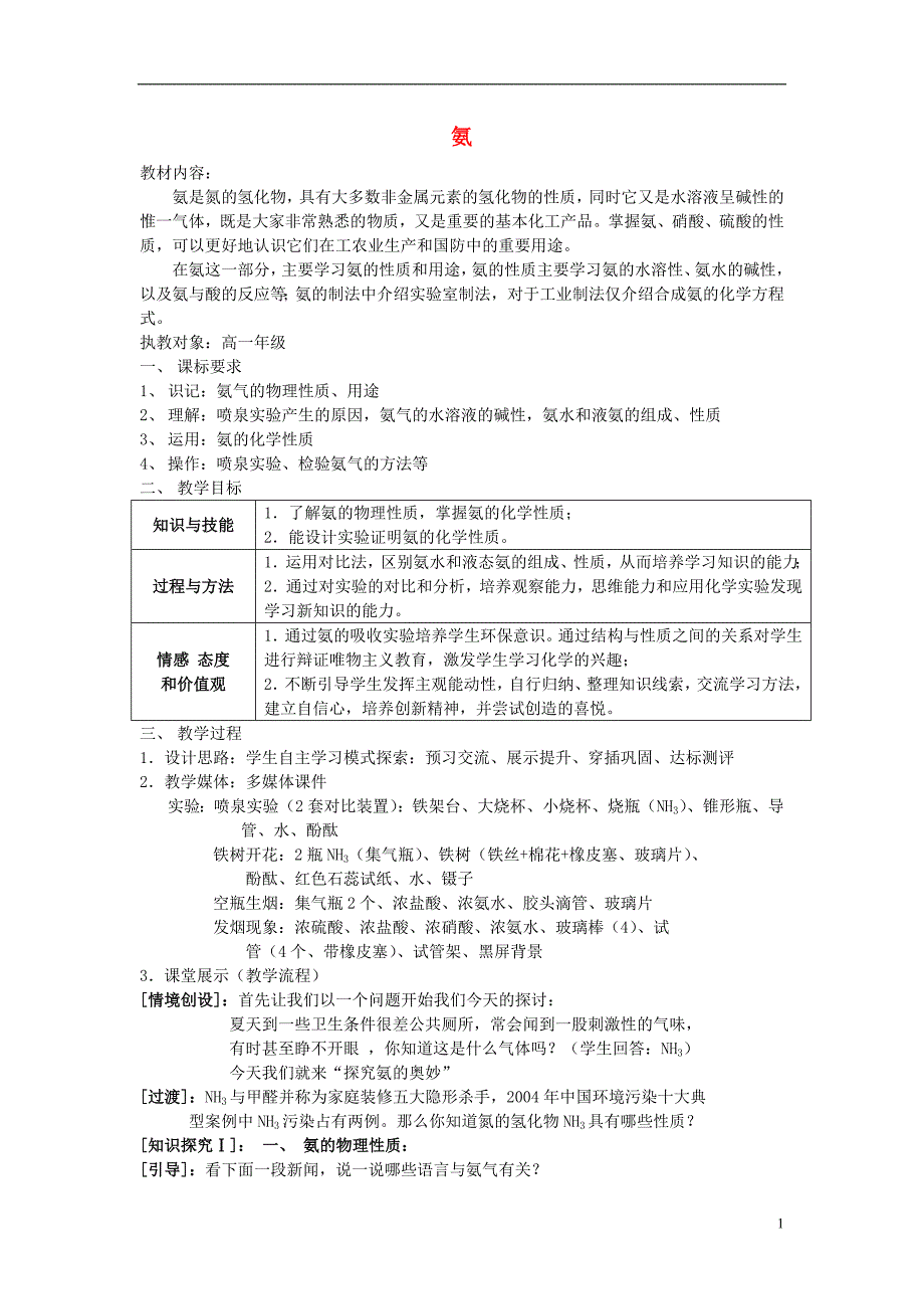 高中化学专题4硫氮和可持续发展4.2氨教学设计苏教版必修1_第1页