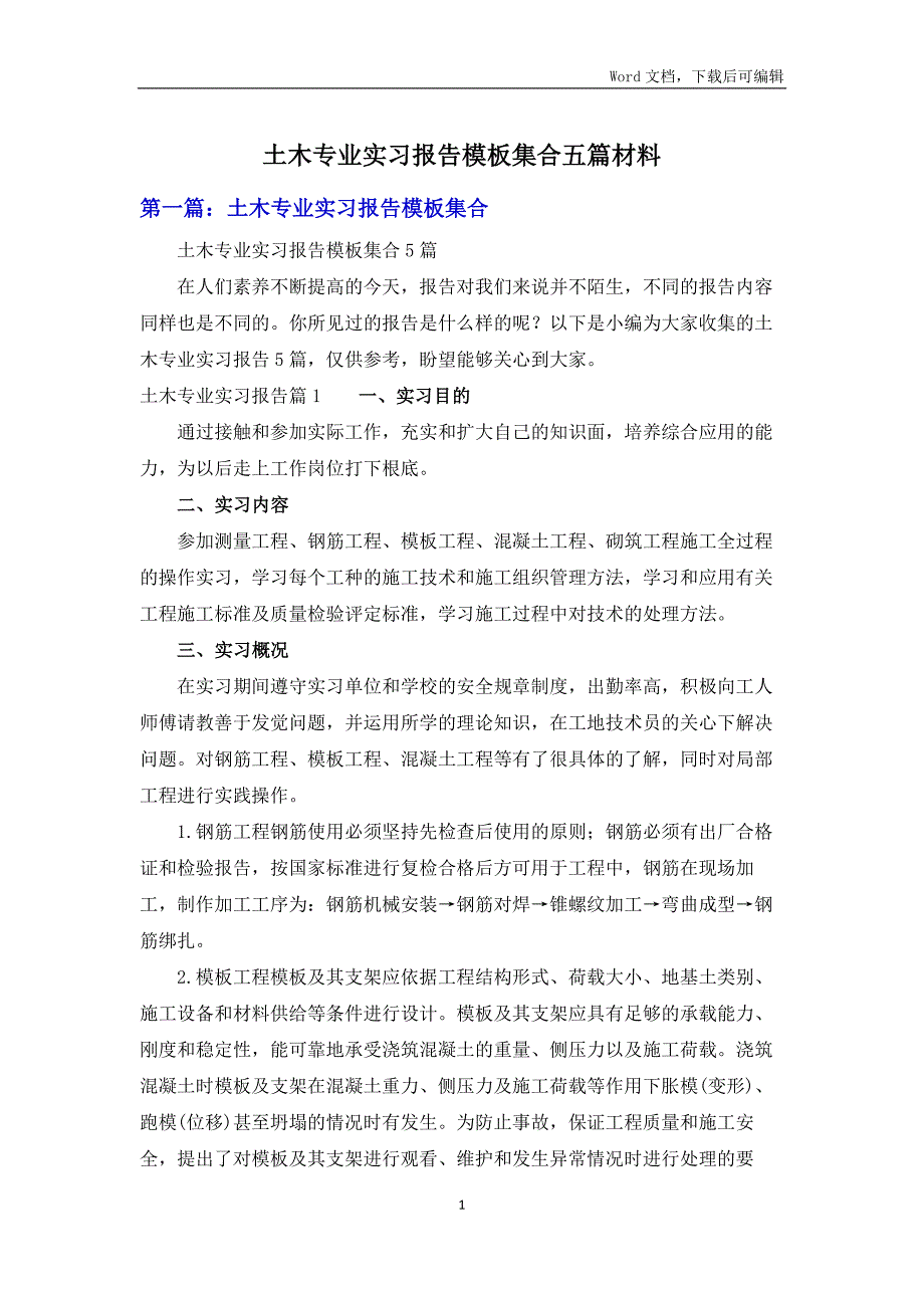 土木专业实习报告模板集合五篇材料_第1页