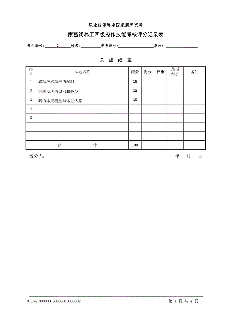 家畜饲养工技能试题2评分表_第1页