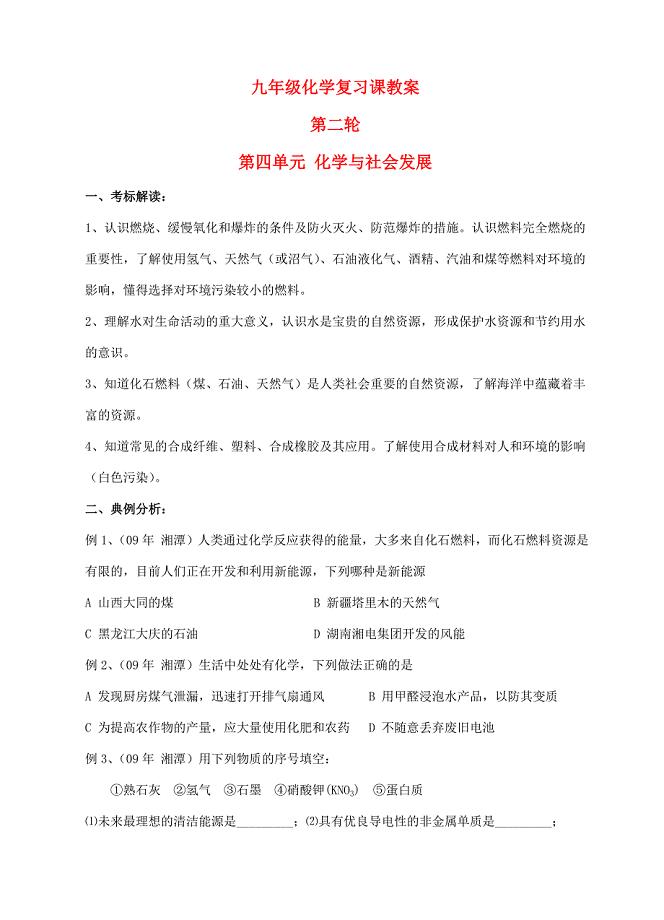 九年级化学第二轮考标复习 化学与社会发展教案 人教新课标版