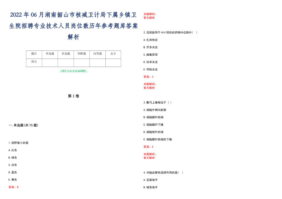 2022年06月湖南韶山市核减卫计局下属乡镇卫生院招聘专业技术人员岗位数历年参考题库答案解析_第1页