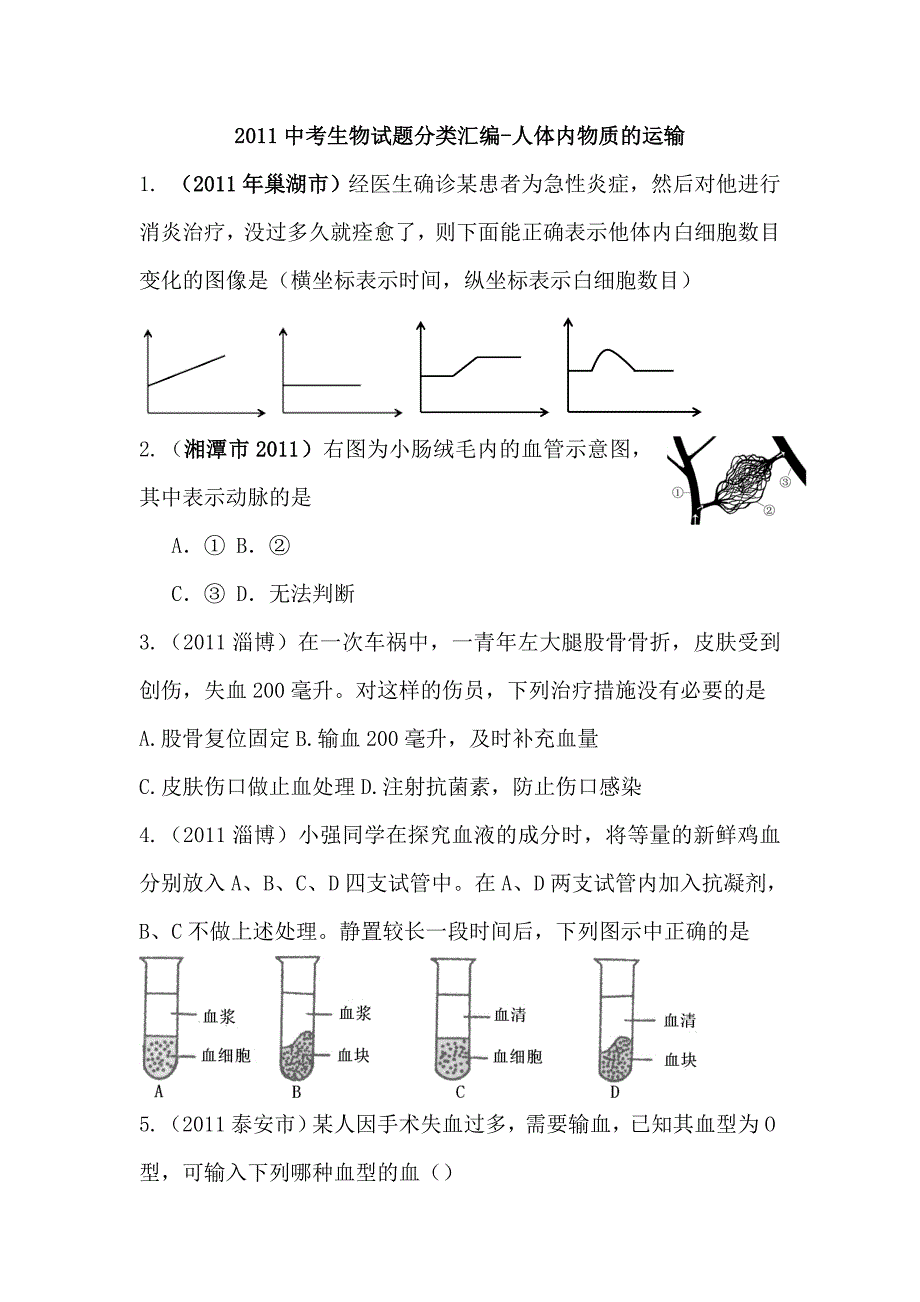 2011年中考生物各地试题分类汇编-人体内物质的运输.doc_第1页