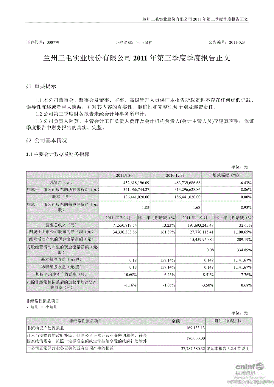 三毛派神：第三季度报告正文_第1页