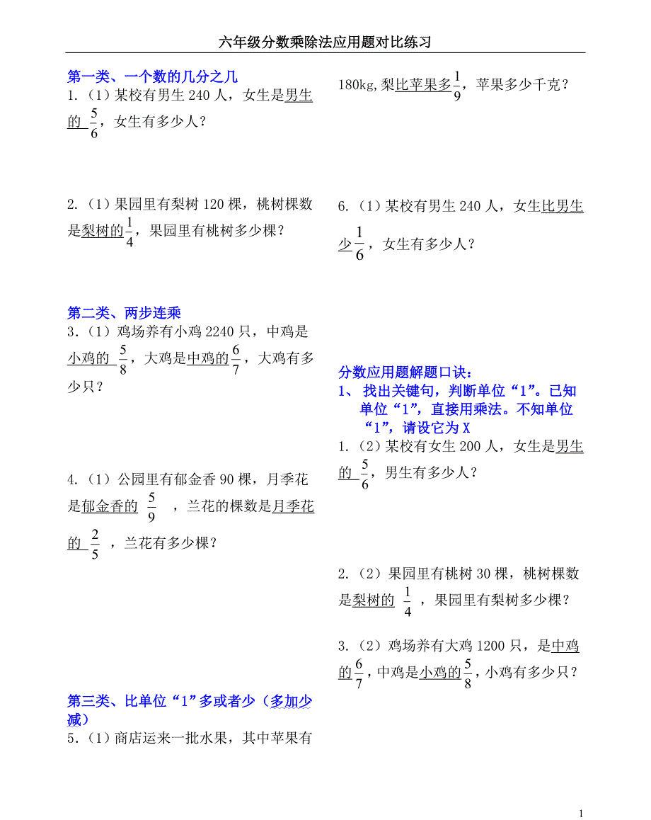 分数乘除法应用题对比练习(很好)-_第1页