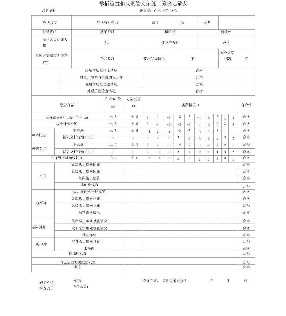 承插型盘扣式钢管支架施工验收记录表格_第1页