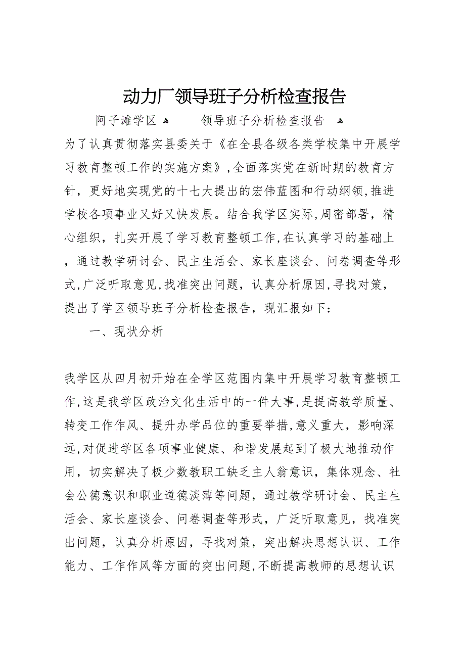 动力厂领导班子分析检查报告_第1页