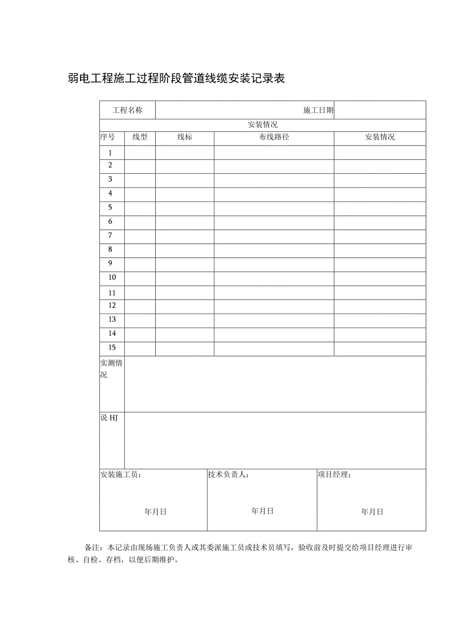 弱电工程施工过程阶段管道线缆安装记录表_第1页