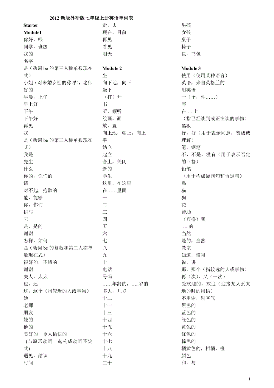 新版-外研版-七年级上册-英语单词表-仅中文.doc_第1页