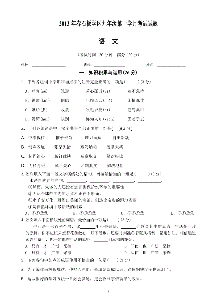 2013年春石板学区九年级第一学月考试试题--语文(新) .doc_第1页