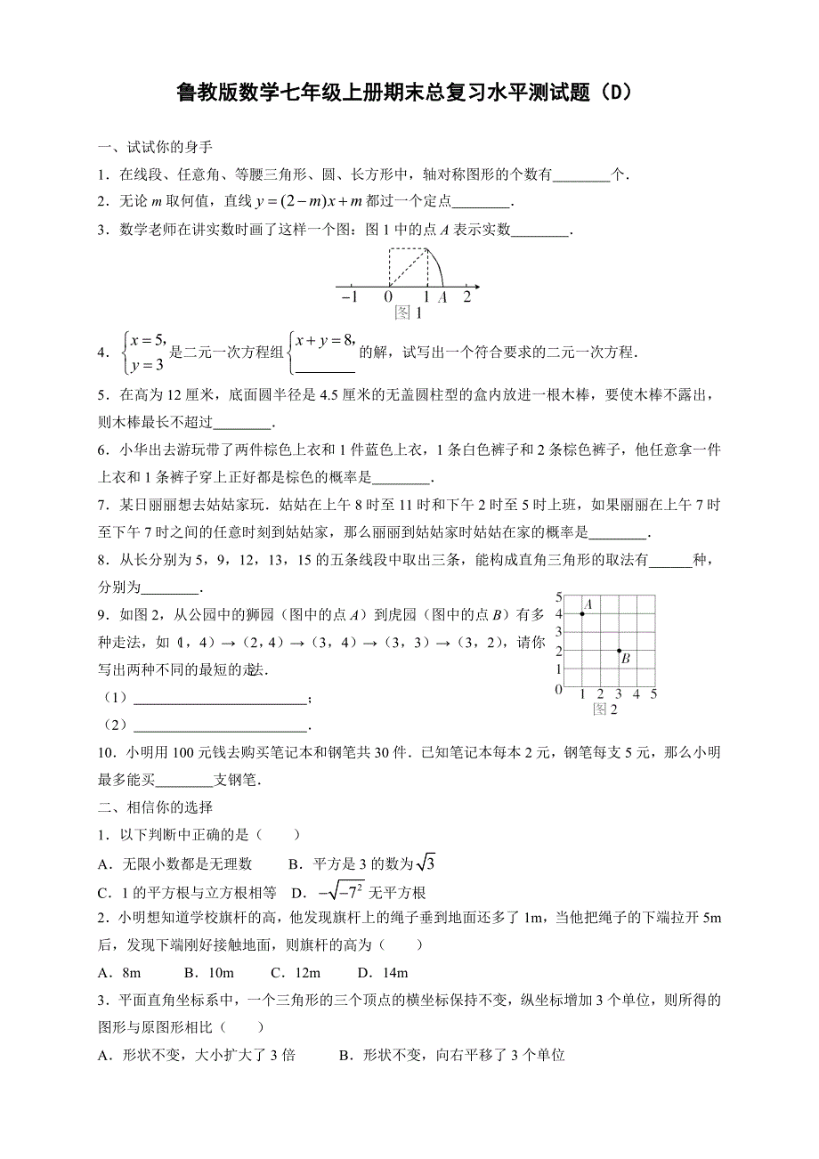 鲁教版数学七年级上册期末总复习水平测试题(D)_第1页