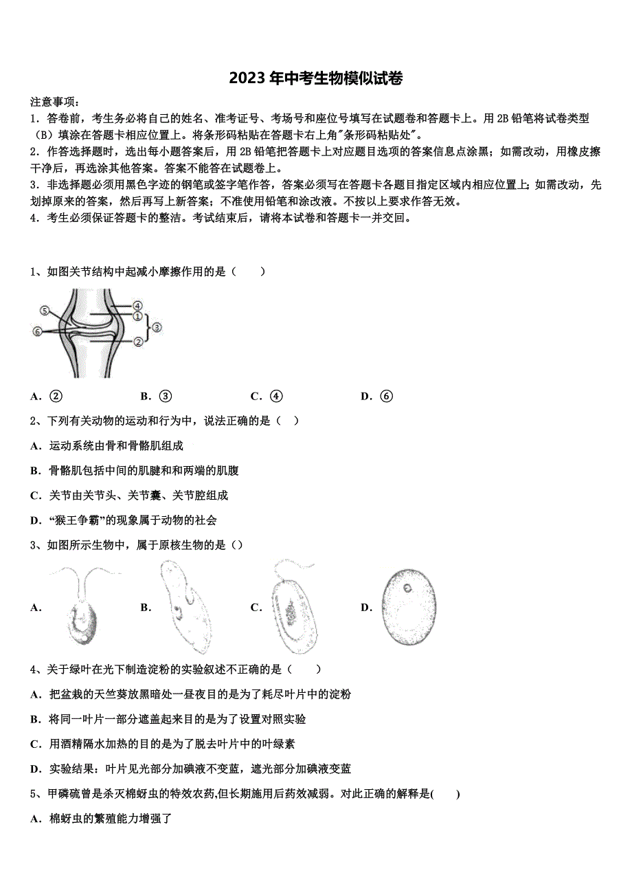 深圳市龙城初级中学2022-2023学年中考二模生物试题含解析.doc_第1页