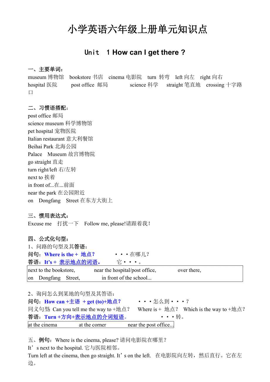 人教版(PEP)小学英语六年级上册各单元知识点归纳(三年级起点)_第1页