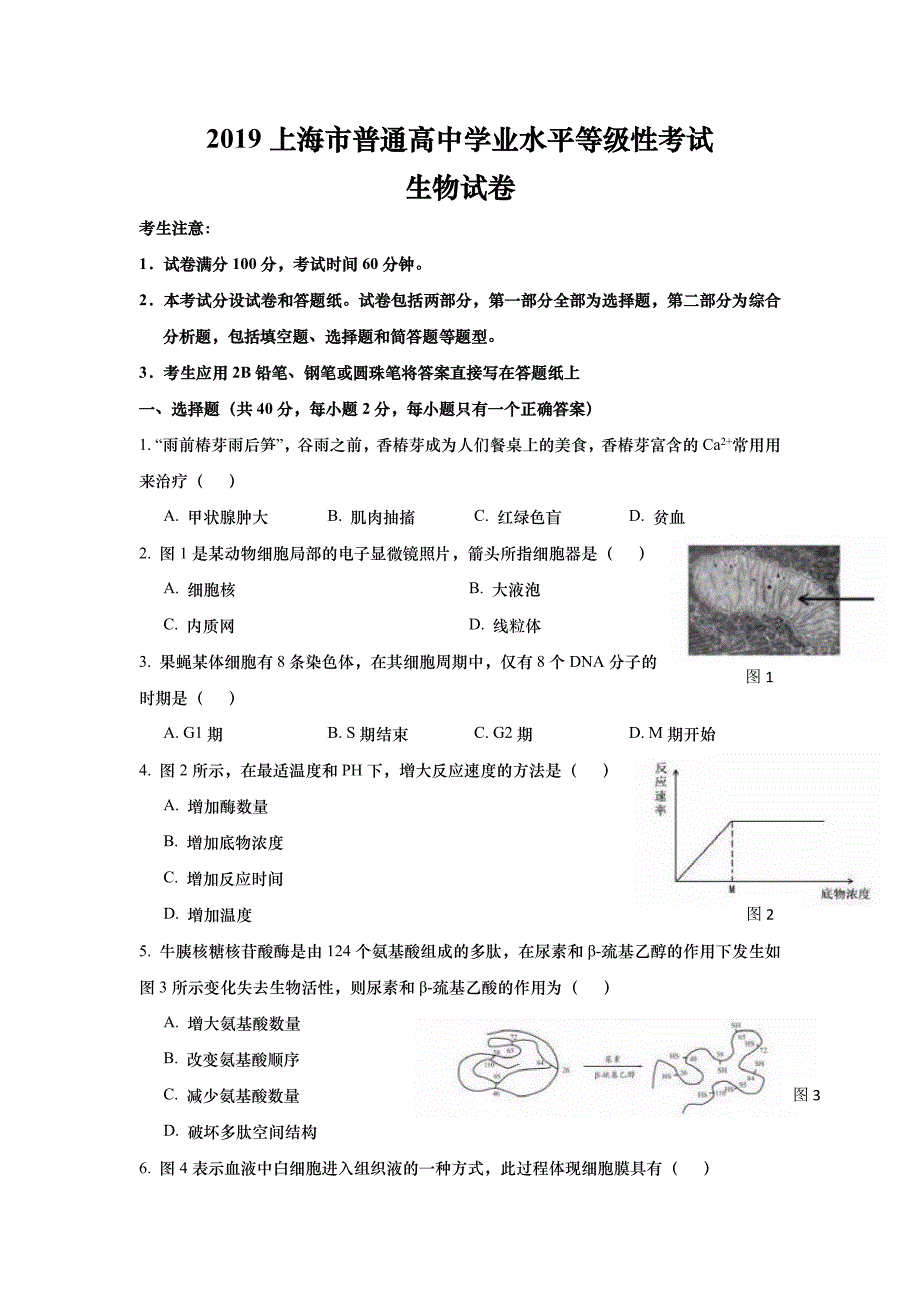 2019年上海市高中毕业统一学业考试生物试卷真题（（答案版））.docx_第1页