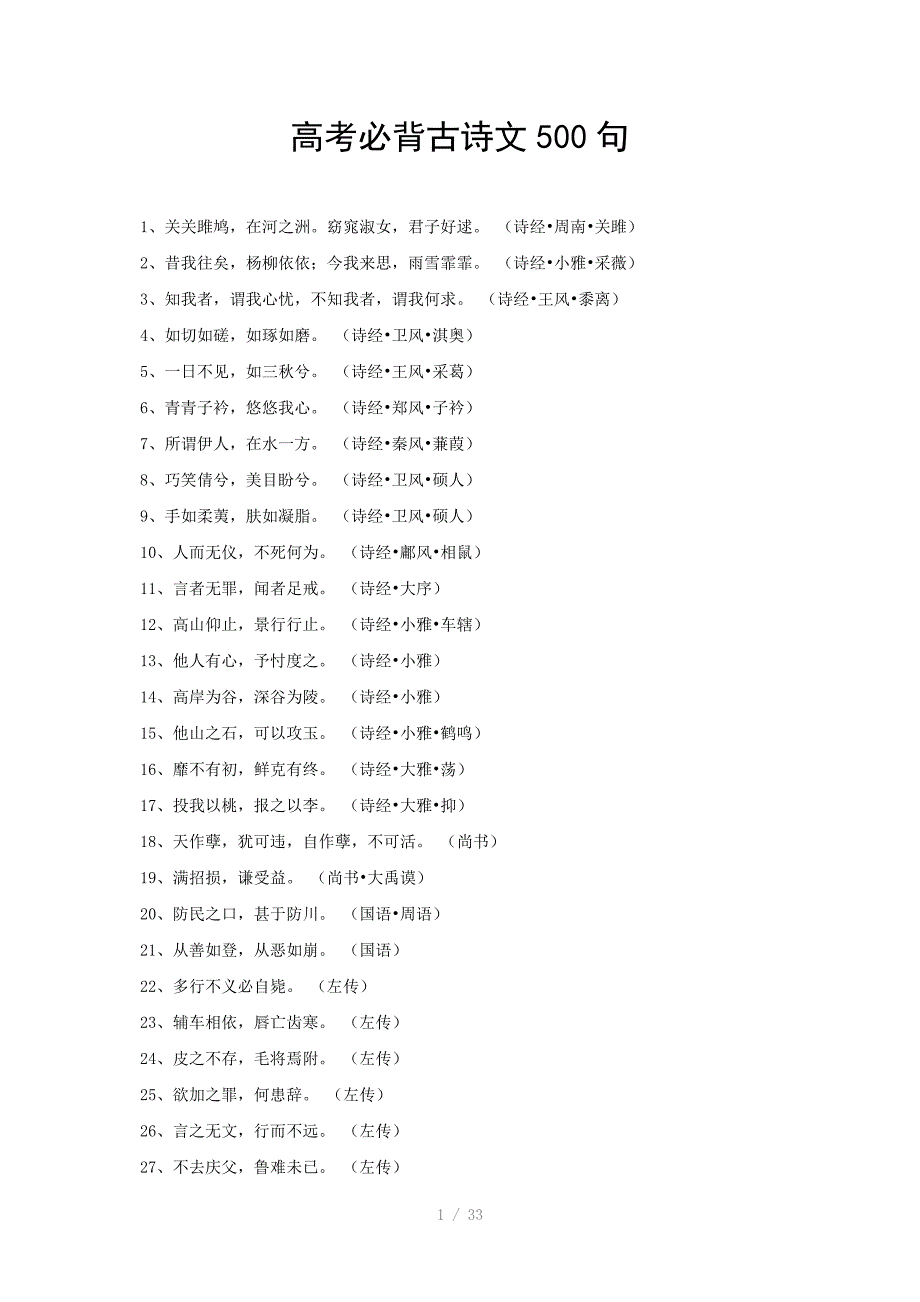 高考必背古诗文500句Word版_第1页