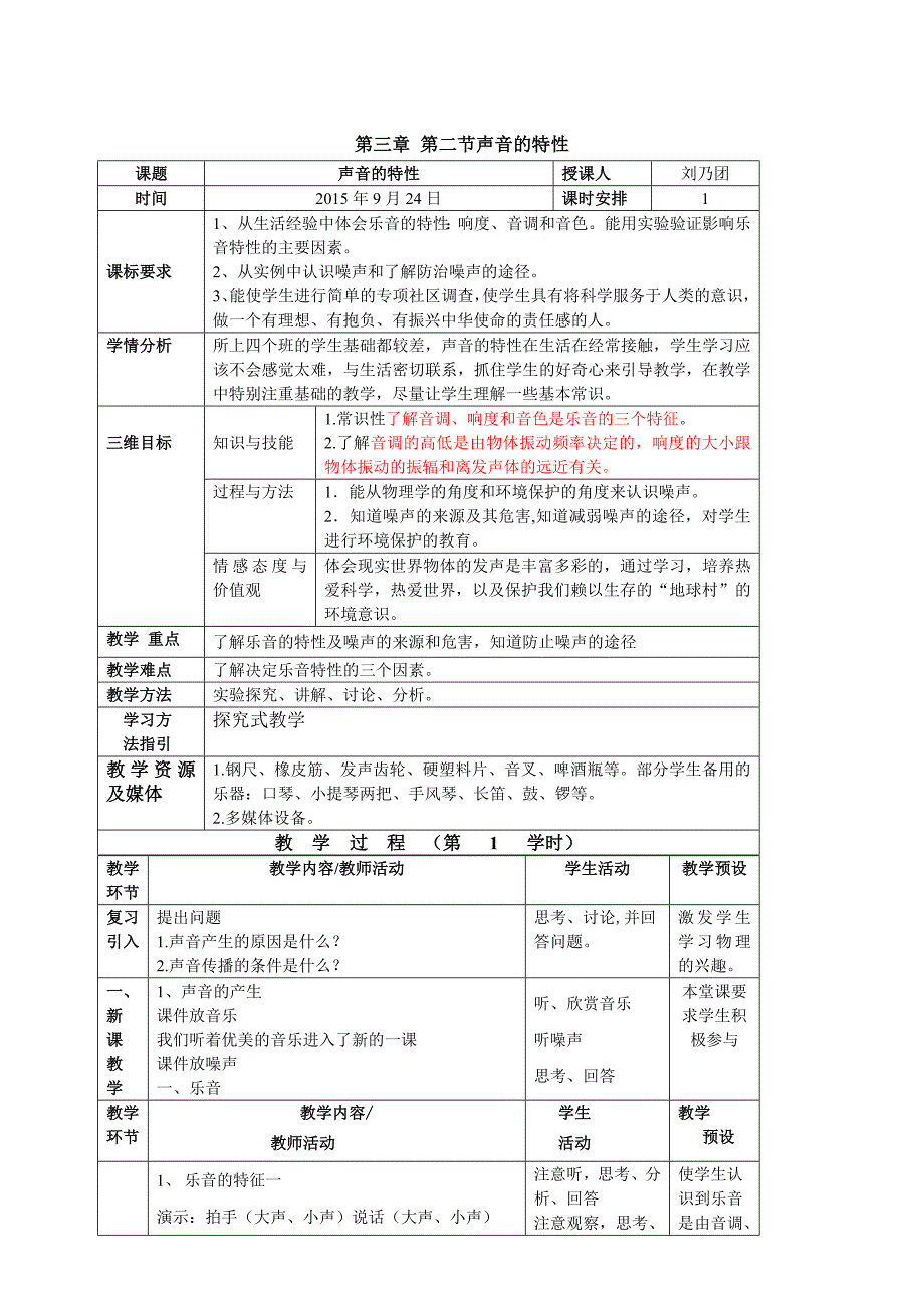 [沪科版 ]八年级物理3.2 声音的特性教案_第1页