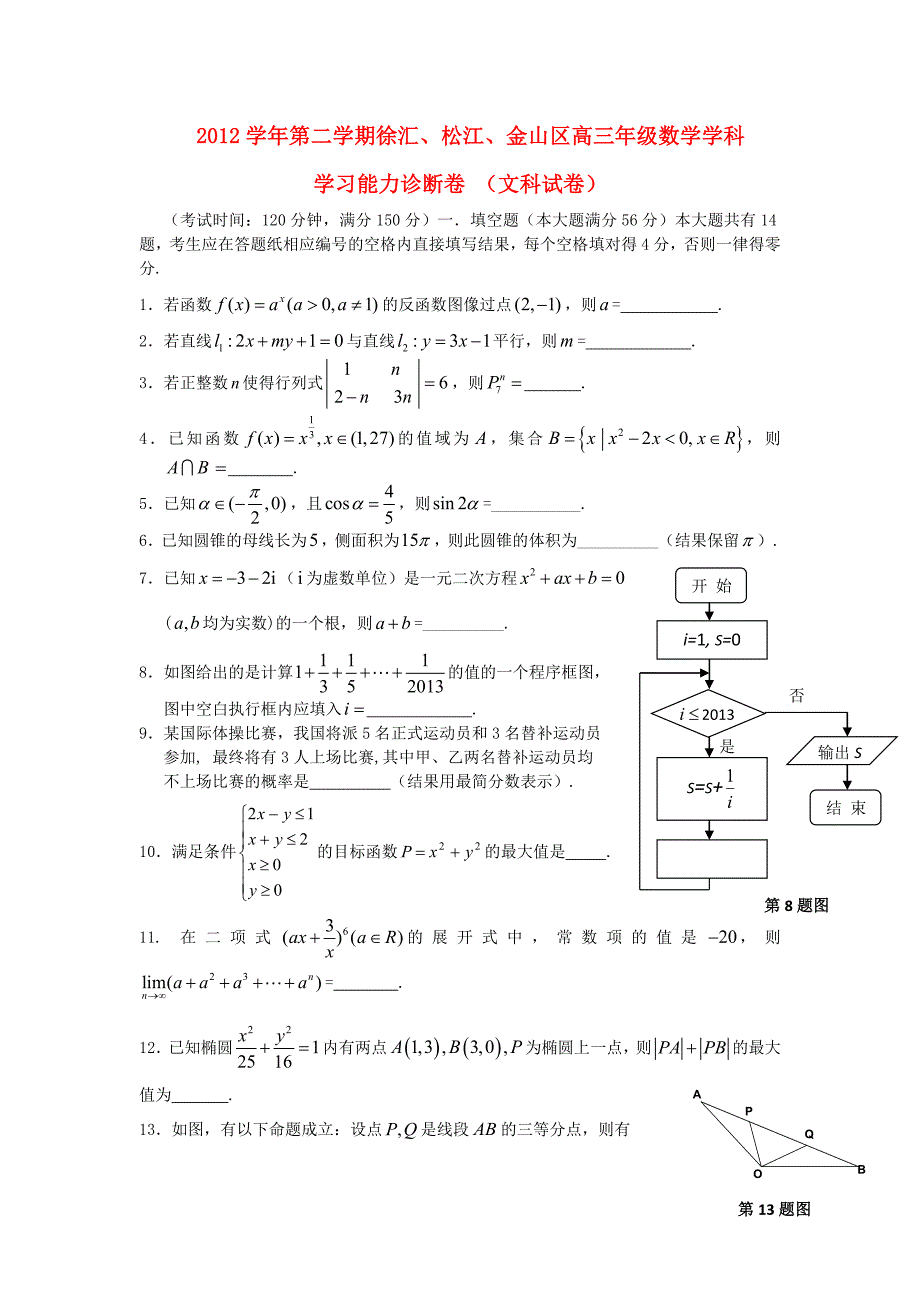 上海市徐汇、松江、金山区2013届高三数学下学期二模试题 文（上海徐汇、松江、金山二模）上沪教版_第1页