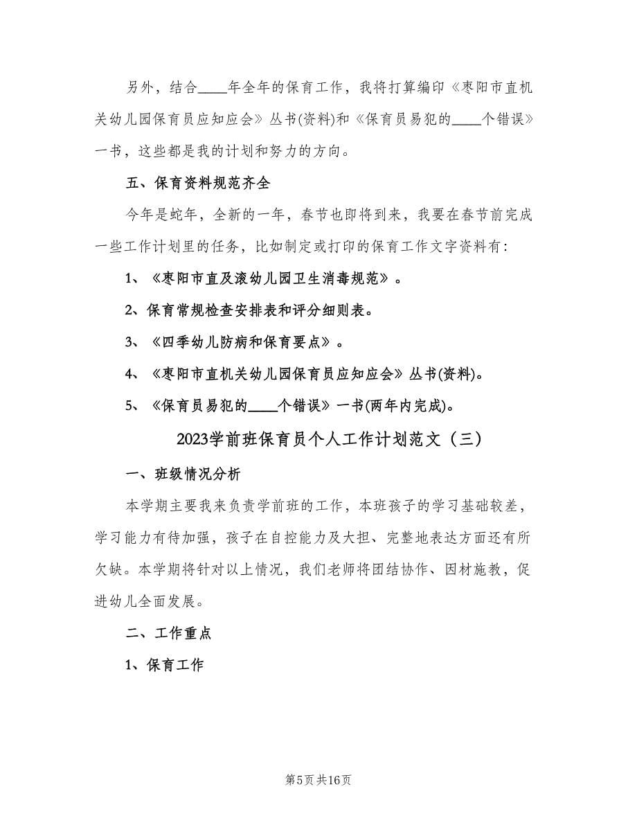 2023学前班保育员个人工作计划范文（七篇）.doc_第5页