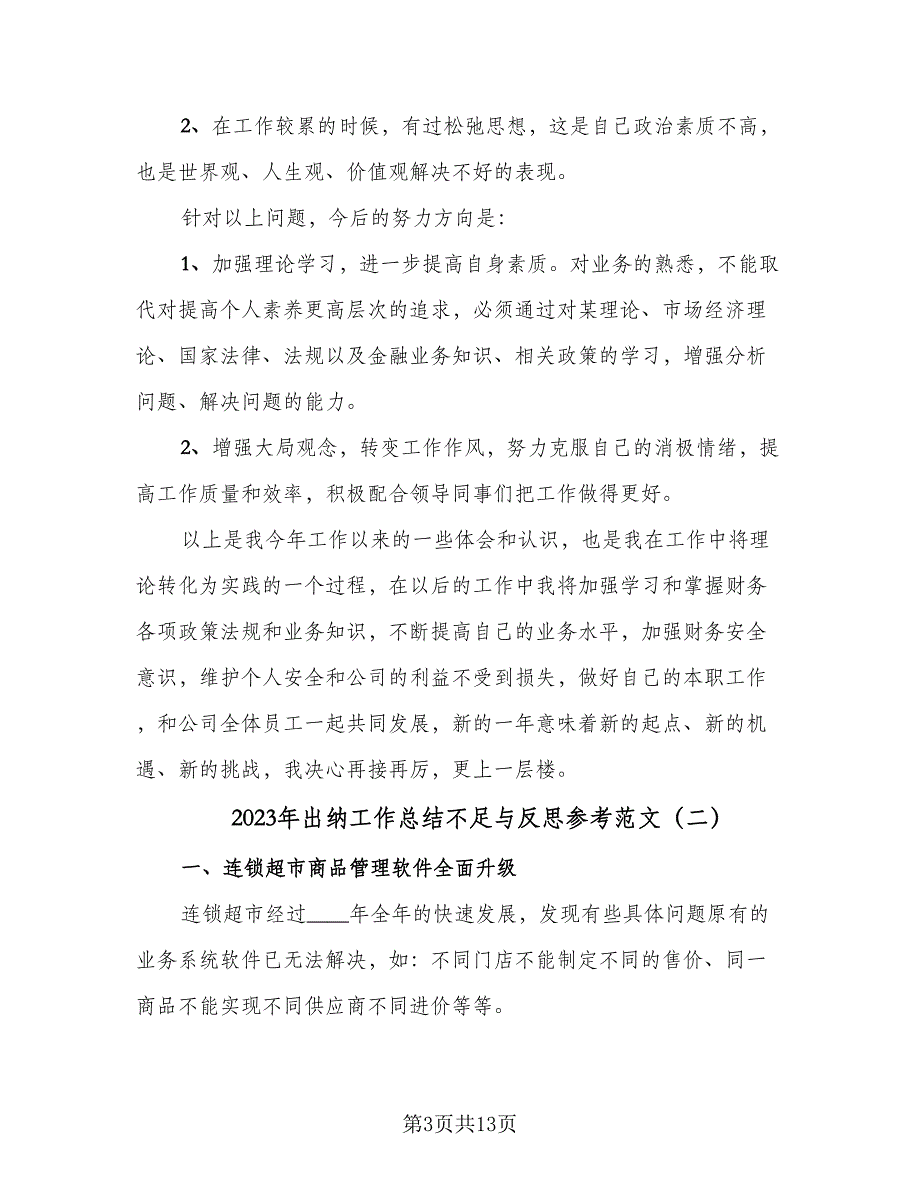 2023年出纳工作总结不足与反思参考范文（六篇）.doc_第3页